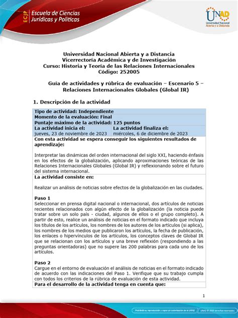 Guía De Actividades Y Rúbrica De Evaluación Escenario 5 Relaciones Internacionales Globales