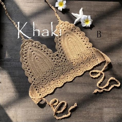 Swim Crochet Bikini Crop Top Khaki Open Back Halter Sexy Back Tie Poshmark