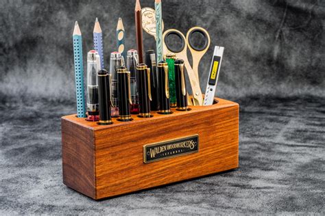 Handmade Mahogany Wood Desk Organizer - Pen Holder - Galen Leather