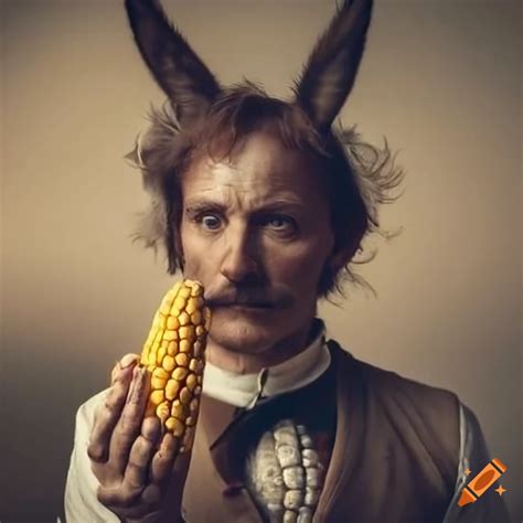 Surreal Artwork Of A Man With Donkey Ears Holding Corn