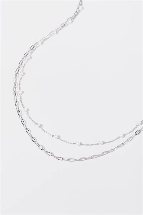 Melissa Layered Chain Link And Pearl Station Silver Necklace