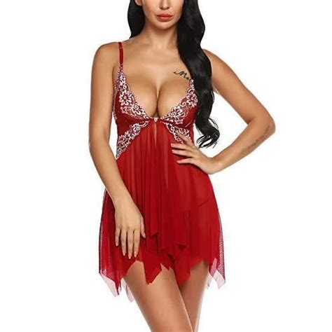 Lingerie Sexy pour Femme Nuisette en Dentelle en Maille Vêtements de Nuit Rouge Rouge
