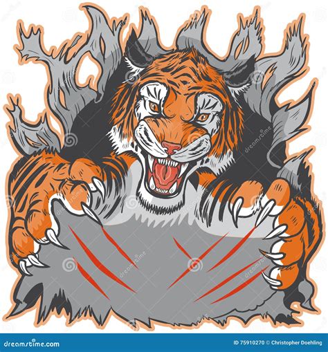 Tiger Mascot Ripping Out Background And Clawing Vector Template Stock