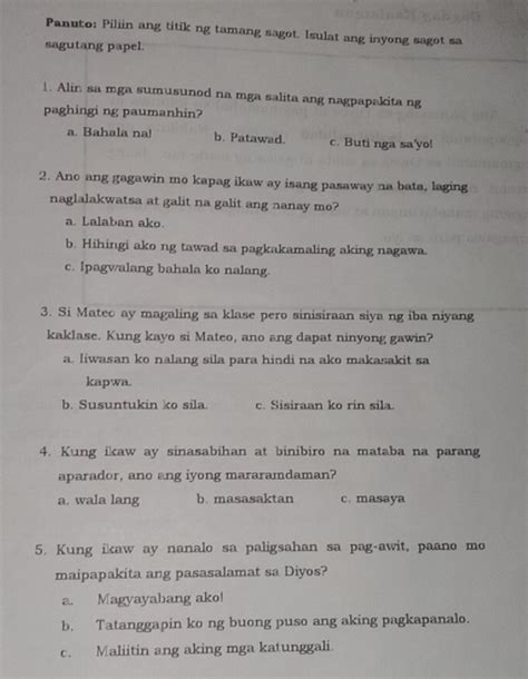 Solved Panuto Piliin Ang Titik Ng Tamang Sagot Isulat Ang Inyong