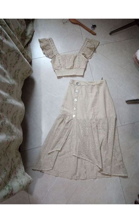 Lindissimo Conjunto Cropped Top Saia Sereia Linho Croch Nude Saia Feminina Renner Blue Steel