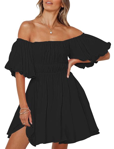 Syzri Womens Summer Puff Sleeve Off Shoulder Mini Dress Ruffled A Line