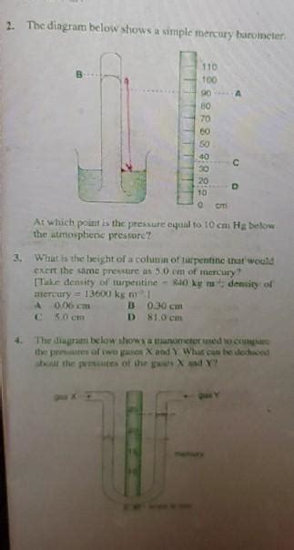 Solved 2 The Diagram Below Shows A Simple Mercury Barometer