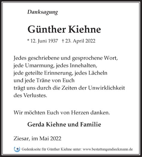 Traueranzeigen Von G Nther Kiehne M Rkische Onlinezeitung Trauerportal