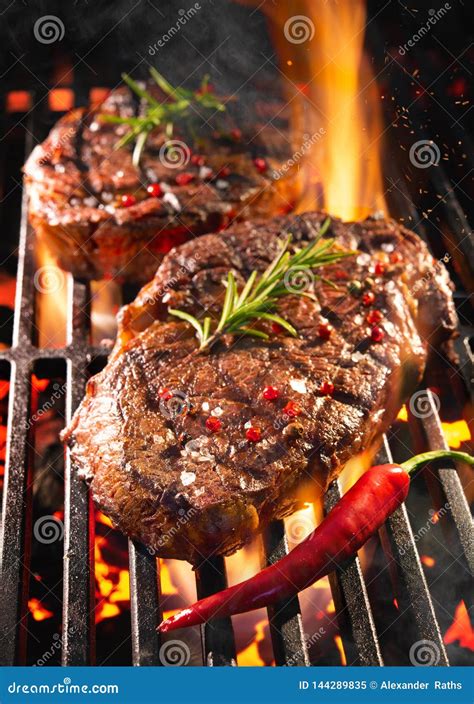 Beef Steaks Sizzling On The Grill Stock Image Image Of American Dark