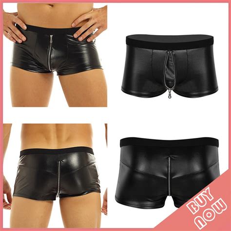 Mens Lingerie Wet Look Faux Leather Zipper Bulge Pouch Low Rise Briefs Shorts Underwear