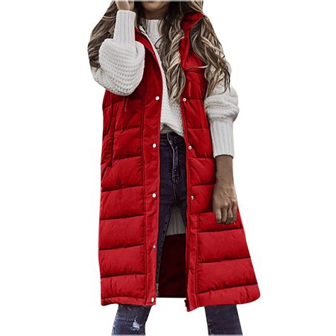 Wreesh Womens Long Puffer Vest Sleeveless Hooded Puffy Jackets Winter