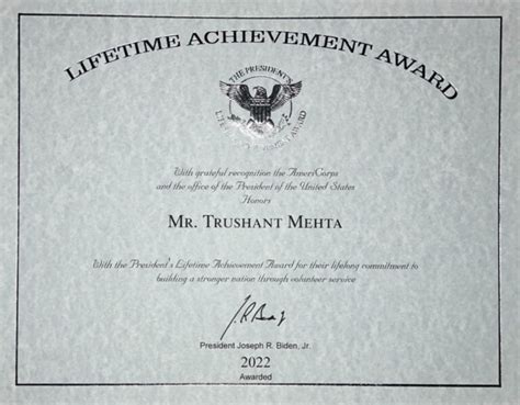 Presidential Lifetime Achievement Award to Trushant Mehta