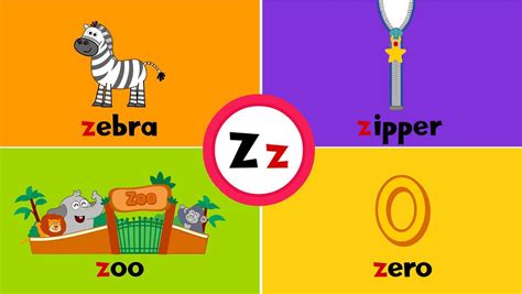 Letter Z Z Flashcard For Kids With 4 Words Zebra Zoo Zipper Zero