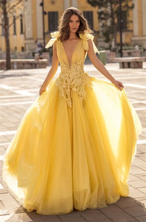 Tarik Ediz 93927 Beaded Lace Plunging V Neck Ballgown Yellow