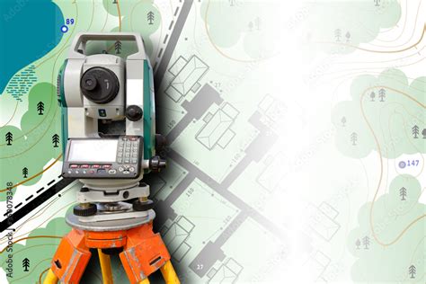 Cartography Theodolite On The Background Of A Topographic Map