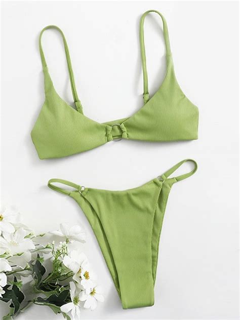 Emmiol Free Shipping 2025 Rib Bikini Swimsuit Green S In Bikini Sets Online Store EMMIOL