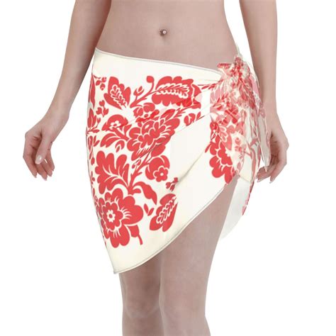 Adobk Flowers Red Beige Swimsuit Coverups For Women Beach Bikini Short