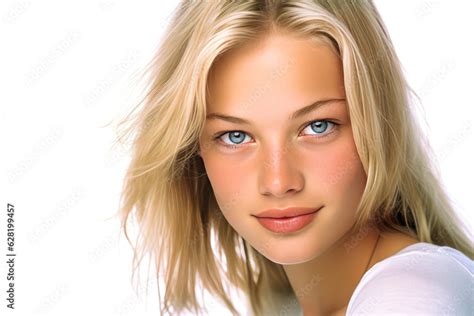 Radiant Year Old Girl With Blonde Hair Fresh And Pure Look Blue Eyes And Soft Skin Against