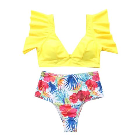 Color Hot Sale Explosion Models Ruffled High Waist Swimsuit Padded Print Swimwear Women