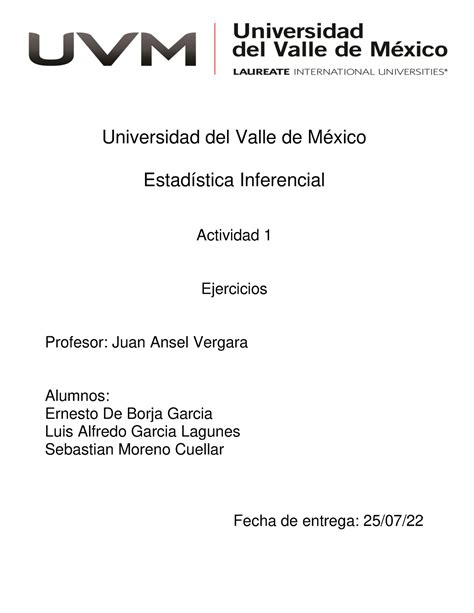 A1 Ejercicios Actividad 1 Universidad Del Valle De México Estadística Inferencial Actividad