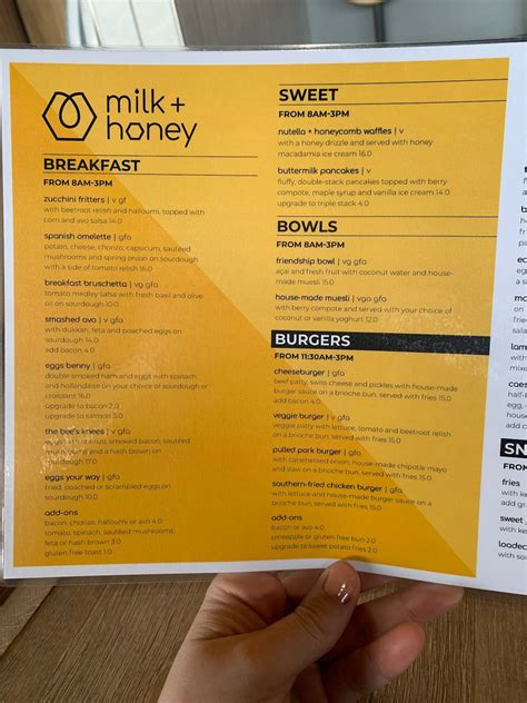 Menu at milk + honey cafe, Wynn Vale