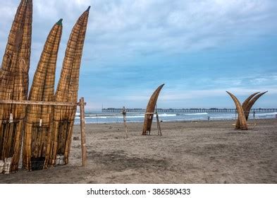 Traditional Peruvian Small Reed Boats Caballitos Stock Photo