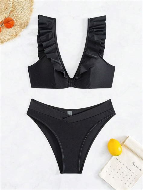 Soly Hux Womens Ruffle Trim V Neck Bikini Sets Two Piece Swimsuit Bathing Suits Solid Black