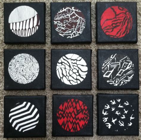 six square paintings with different designs on them, all in black and ...