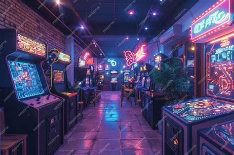 Premium Photo Retro Game Room With Vintage Arcade Machines And A Neon Signsuper Detailed