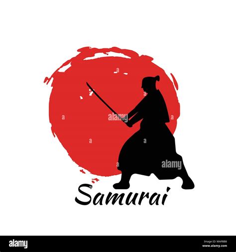 Japanese Samurai Warriors Silhouette With Katana Sword On Red Moon