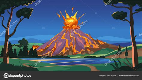 Active volcano illustration. Volcano activity with magma, smoke and ...