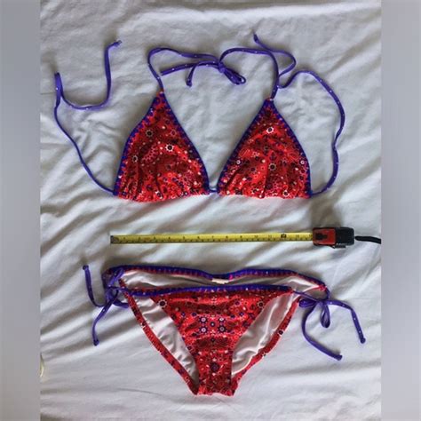 None Swim Purplered String Bikini With Ruched Bottoms Top Xl