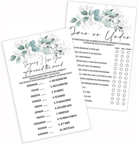 Bridal Shower Games Set Wedding Games Cards Set Of 2 Games For 20 Guests Wedding