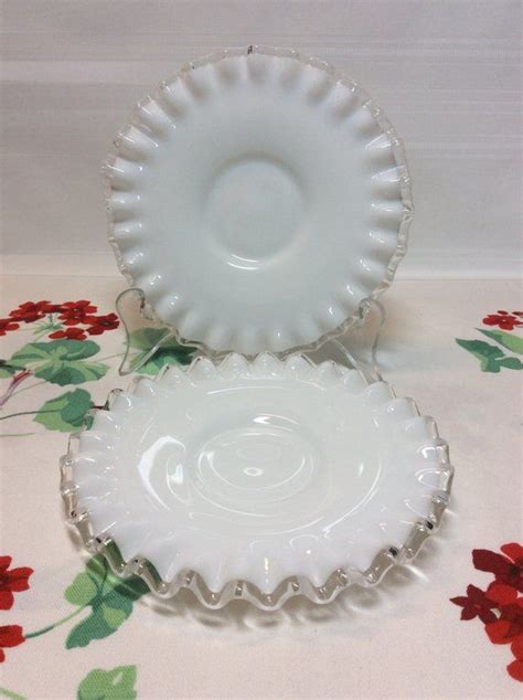 Vintage Fenton White Milk Glass Silver Crest Cup Saucers Set Etsy White Milk Glass Milk