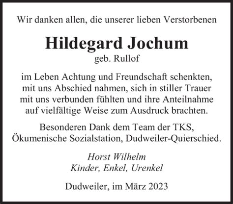 Traueranzeigen Von Hildegard Jochum Saarbruecker Zeitung Trauer De