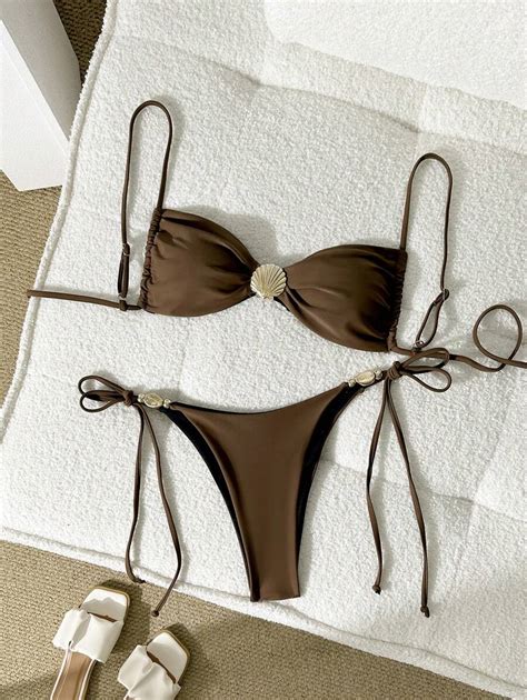 Swim Chiccia Conjunto de Maiô Bikini Feminino Top Canelado de Cor Sólida Alças Finas e