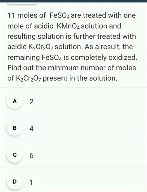 Moles Of Feso Are Treated With One Mole Of Acidic Kmno Solution