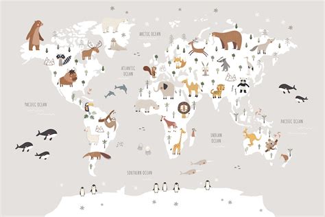 Cute Grey Animal Map Wallpaper Mural for Kids Rooms