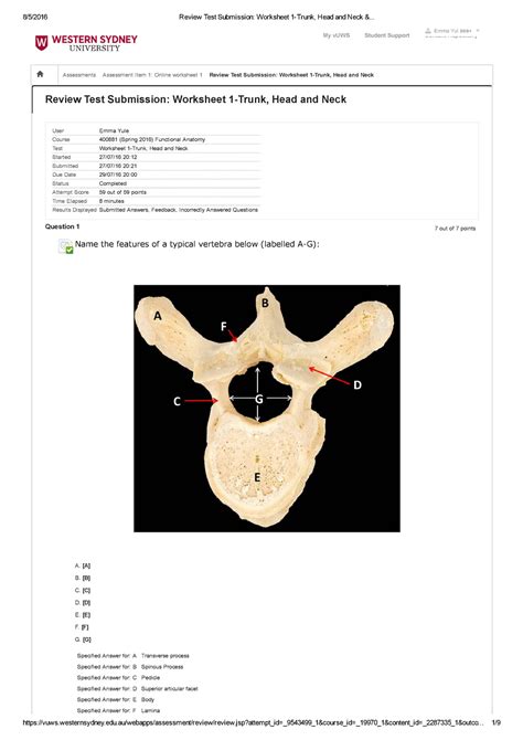 Worksheet 1 Trunk Head And Neck H Assessments Assessment Item 1