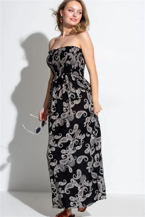 Strapless Shirred Bodice Maxi Beach Dress In Black Paisley Pour Moi