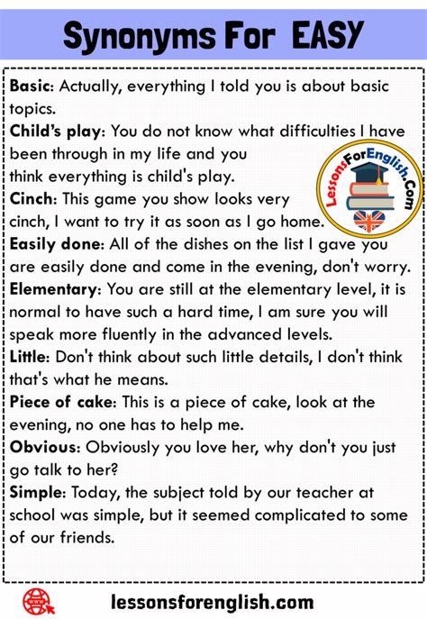 synonym words  easy synonyms  easy   sentences lessons  english