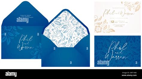 Wedding Invitations Set With Blue Envelope And Floral Designs Isolated