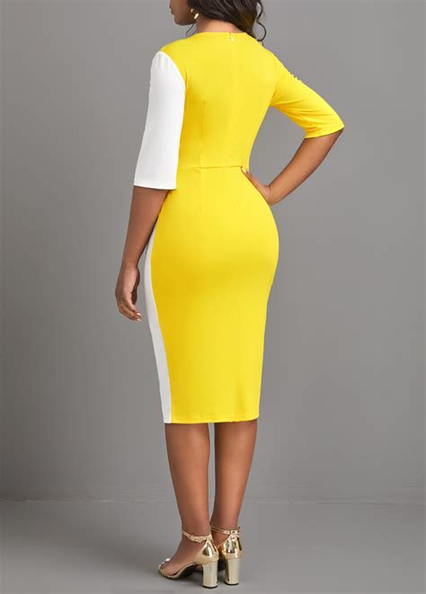 Yellow Patchwork Half Sleeve Round Neck Bodycon Dress Modlily