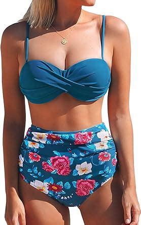 CUPSHE Women S Sapphire Blue Floral High Waisted Back Hook Bikini