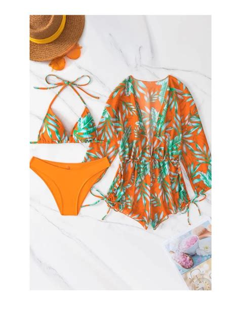 Pieces Bikini Tropical Print Swimsuit Halter Drawstring Side Swimwear Women Bathing Suit