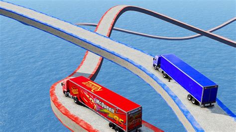 Mack Truck Vs King Dinoco Truck Vs Impossible Wave Bridge Deep Water