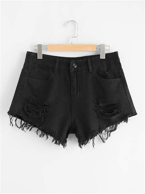 Raw Hem Ripped Denim Shorts Sheinsheinside Ripped Black Denim