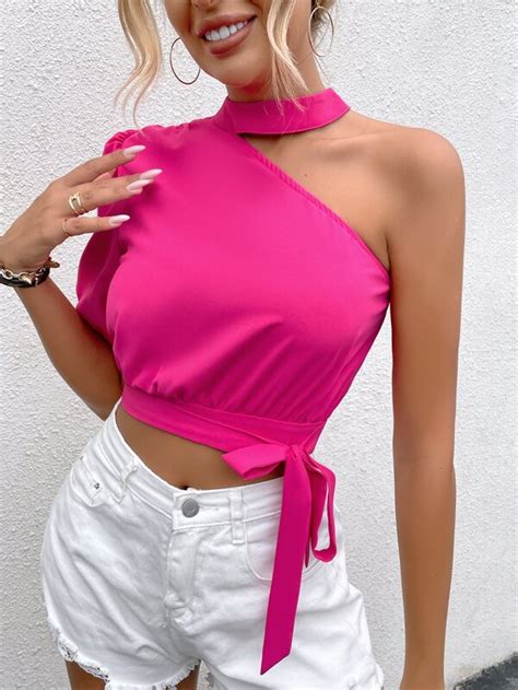 Shein Priv Camisa Corta De Cuello Asim Trico De Manga Farol Con Nudo