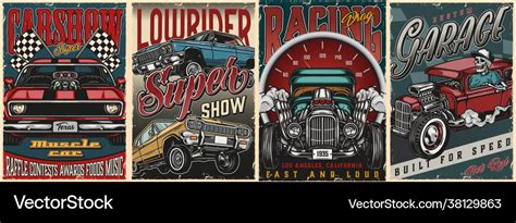 Custom Cars Vintage Colorful Posters Royalty Free Vector