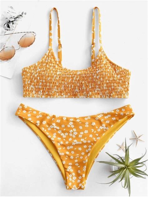 13 OFF POPULAR 2019 ZAFUL Floral Shirred Bralette Bikini Set In